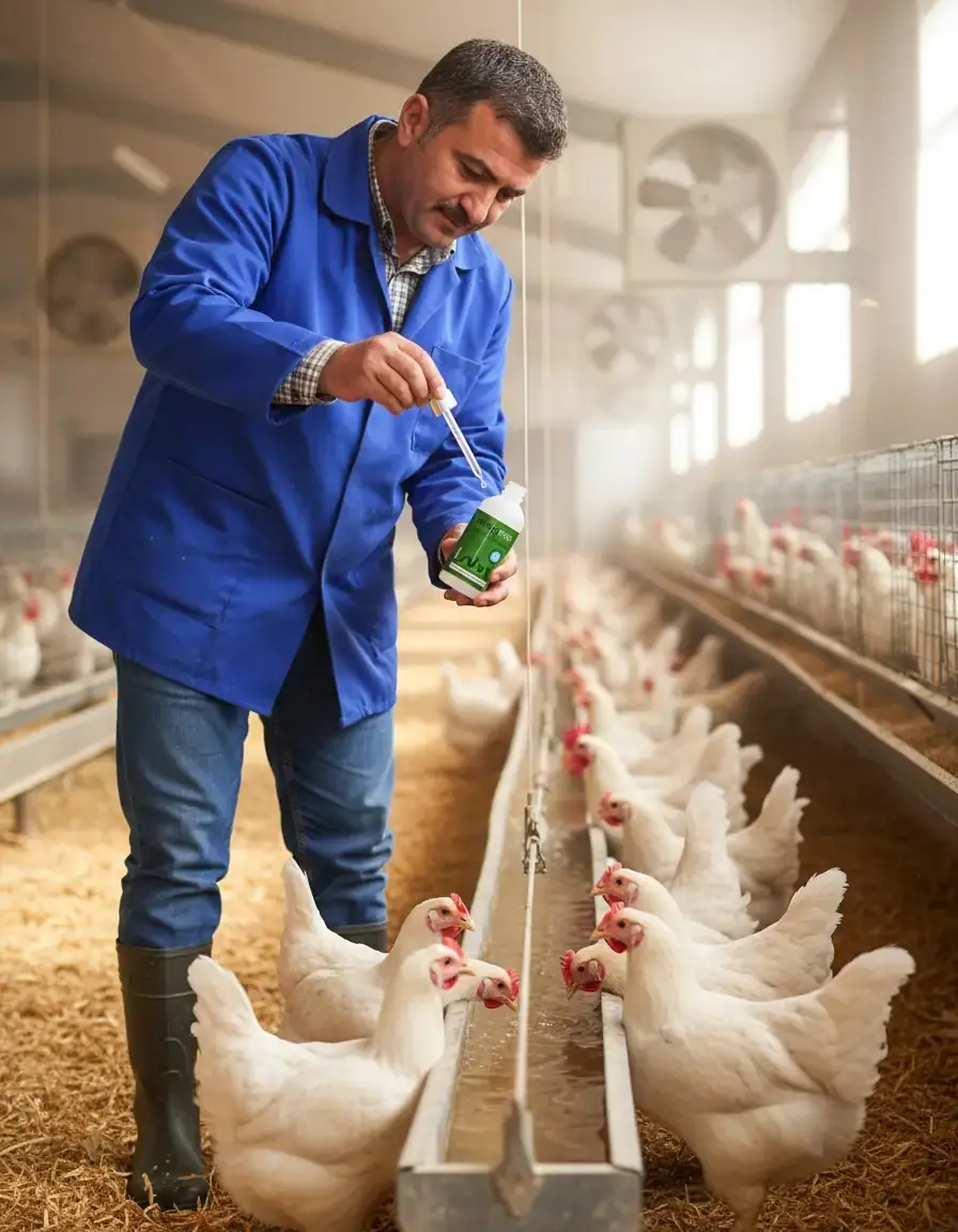 wingPRO+ içme suyu oluğuna damlatılırken — kümeste uygulama